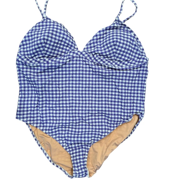J. Crew NWT Plunge One Piece Gingham Swimsuit Size 22 Purple & White Seersucker - Picture 6 of 14